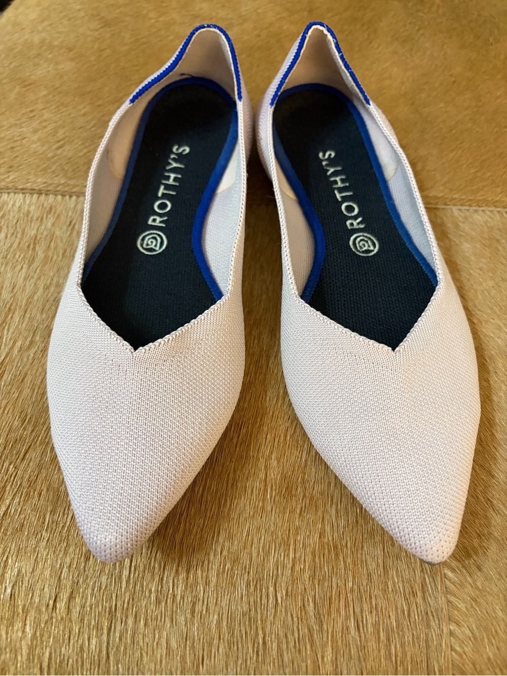 Rothy's Women's Pointed Slip-On Flats in Light Blush with Blue Trim